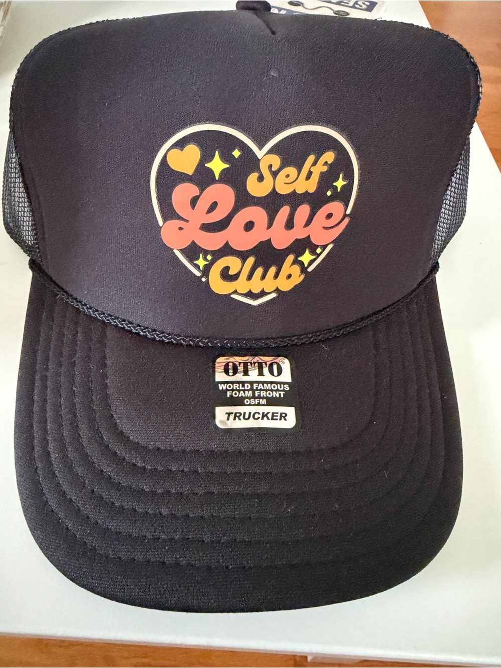 OTTO Black Trucker Hat with Pink and Yellow Heart "Self Love Club"